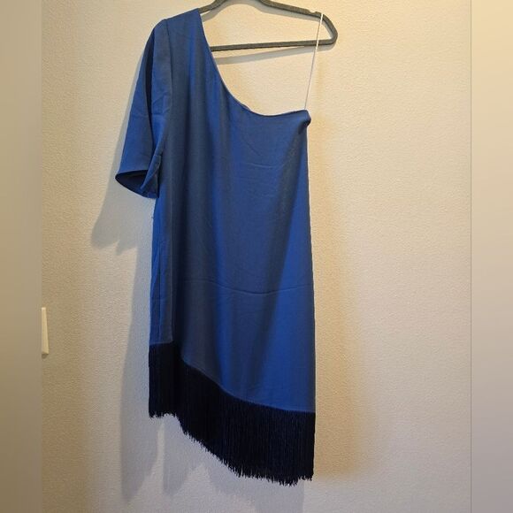 Trina Turk One Shoulder Fringe Dress, Turquoise Womens Gull Sz M NWT - Picture 6 of 6